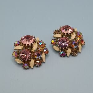 Vintage Arthur Pepper ART Pink Rhinestone Clip Earrings, Aurora Borealis, 1 1/8"